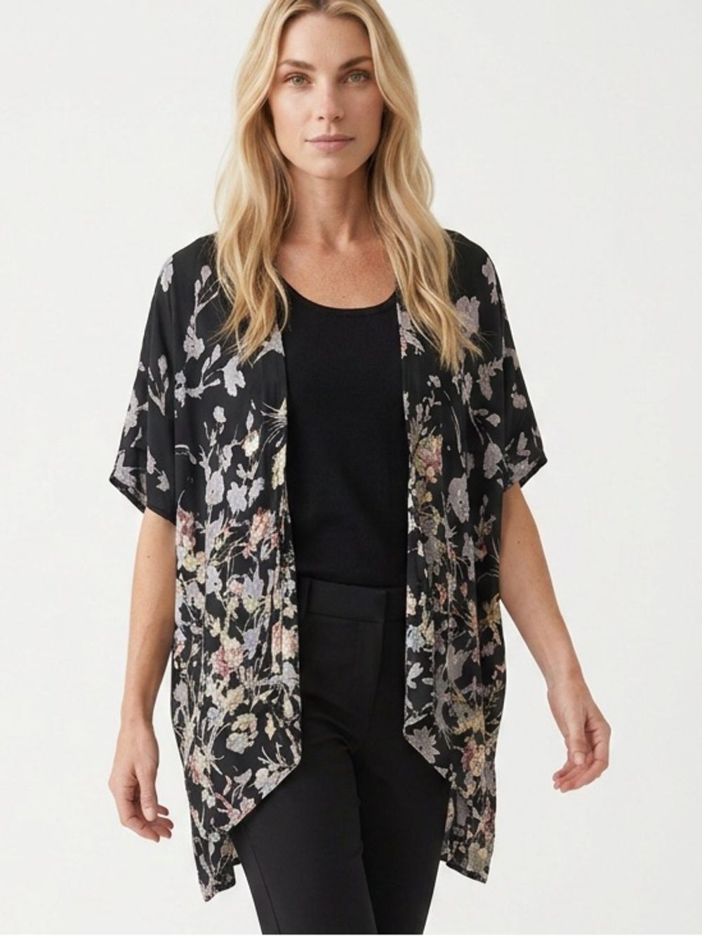 ANGIE | Floral Kimono Black Pastels Short Sleeve M